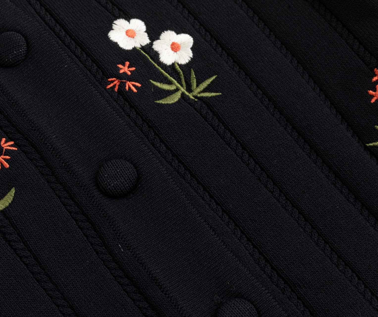 Black Knit Cardigan With Green And Orange Floral Embroidery