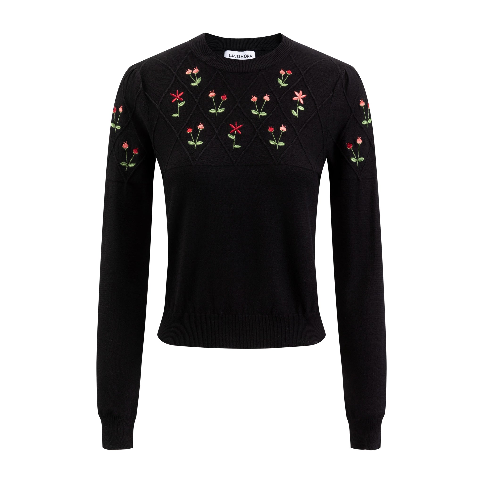 Black Knit Top With Flower Embroidery