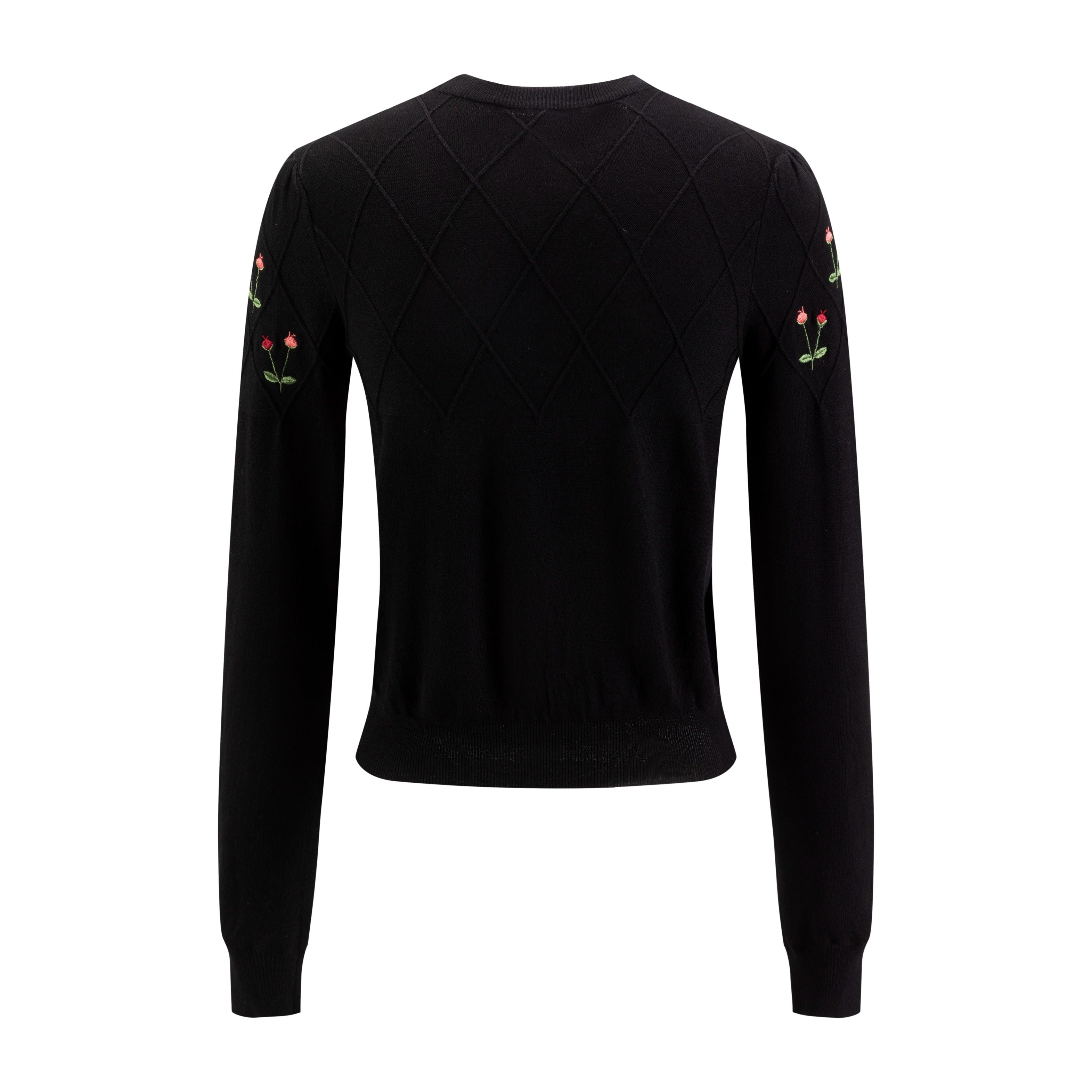 Black Knit Top With Flower Embroidery