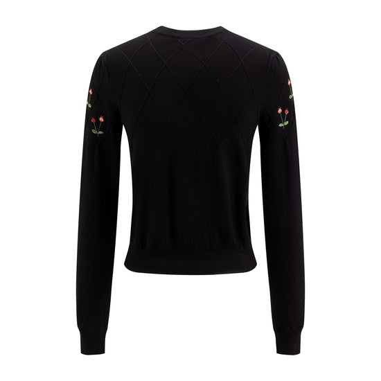 Black Knit Top With Flower Embroidery