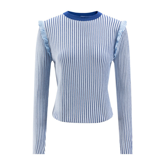 Blue And White Ribbed Knit Sweater