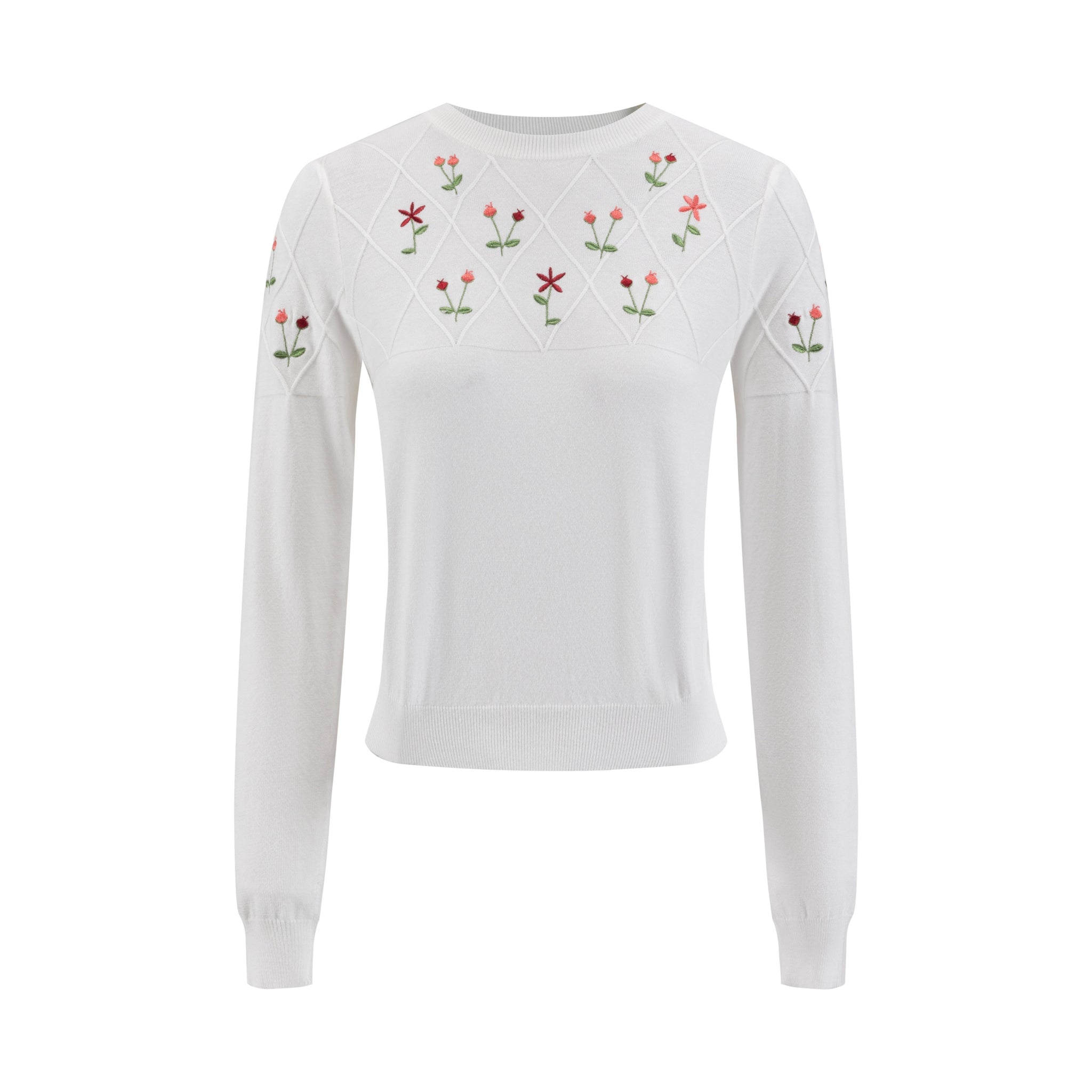 White Knit Top With Flower Embroidery