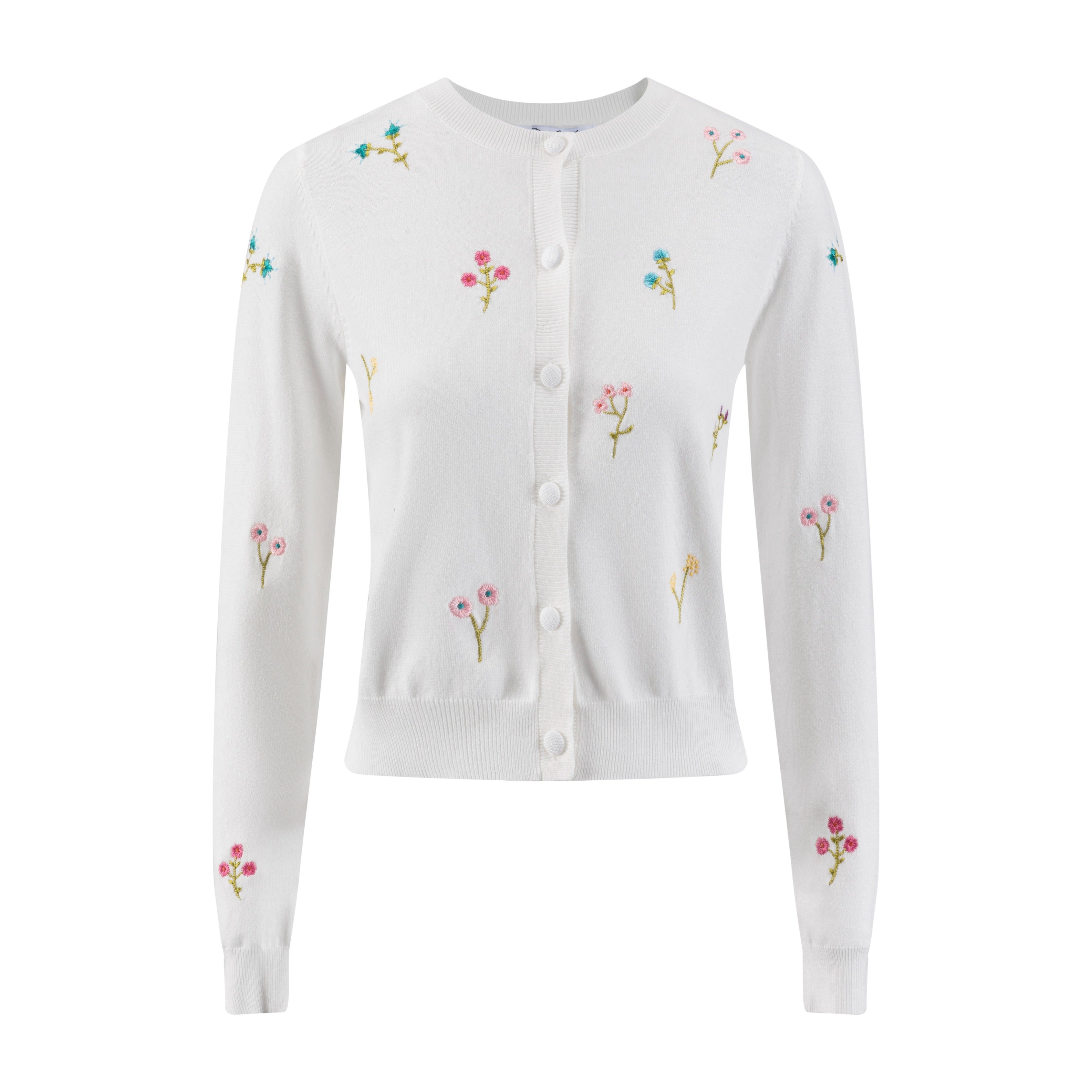 White Cardigan With Floral Embroidery