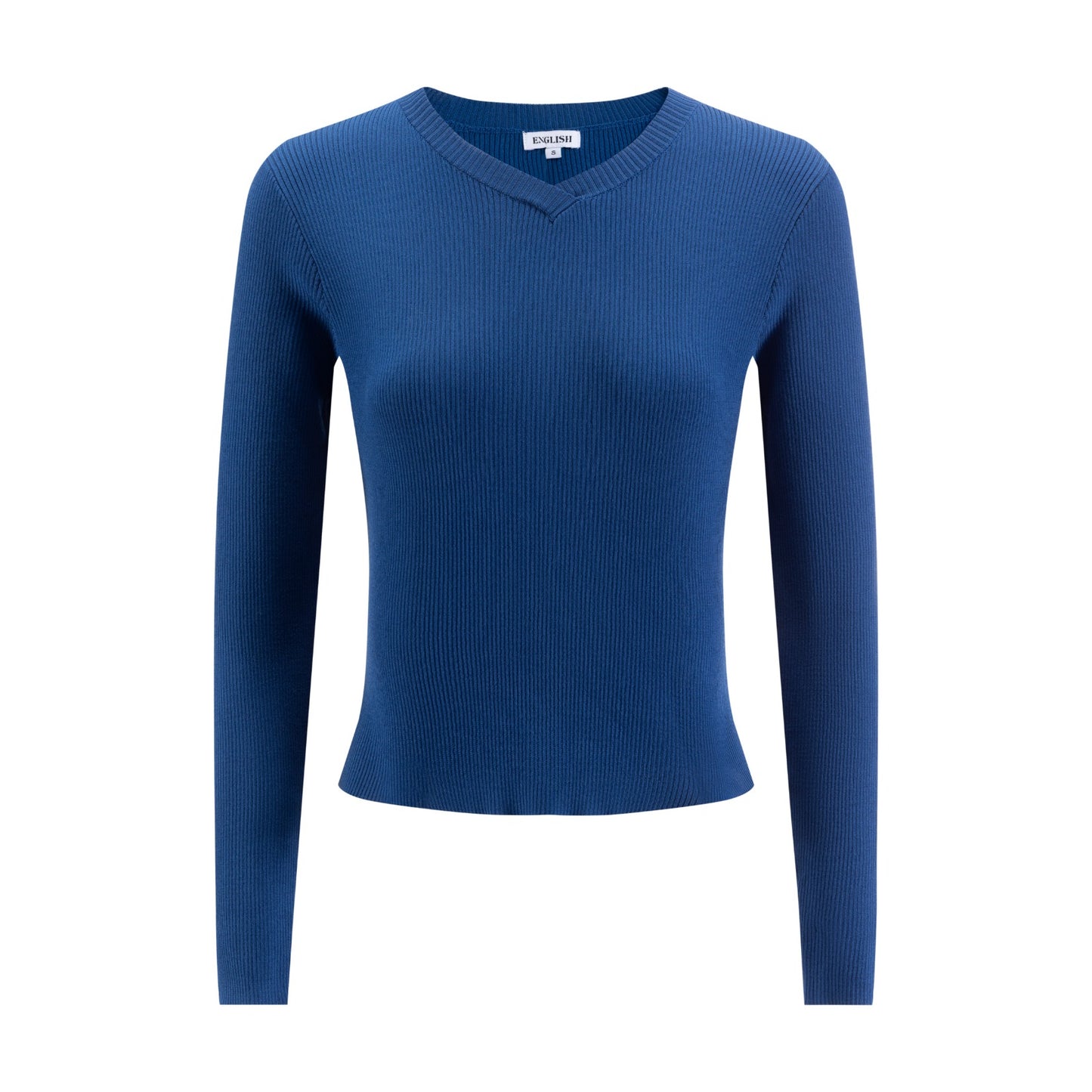 Blue Ribbed Knit V-Neck Sweater