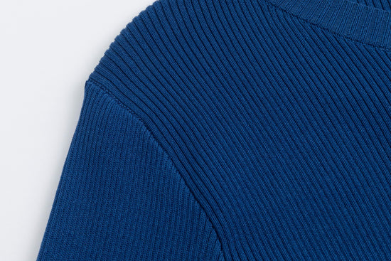 Blue Ribbed Knit V-Neck Sweater