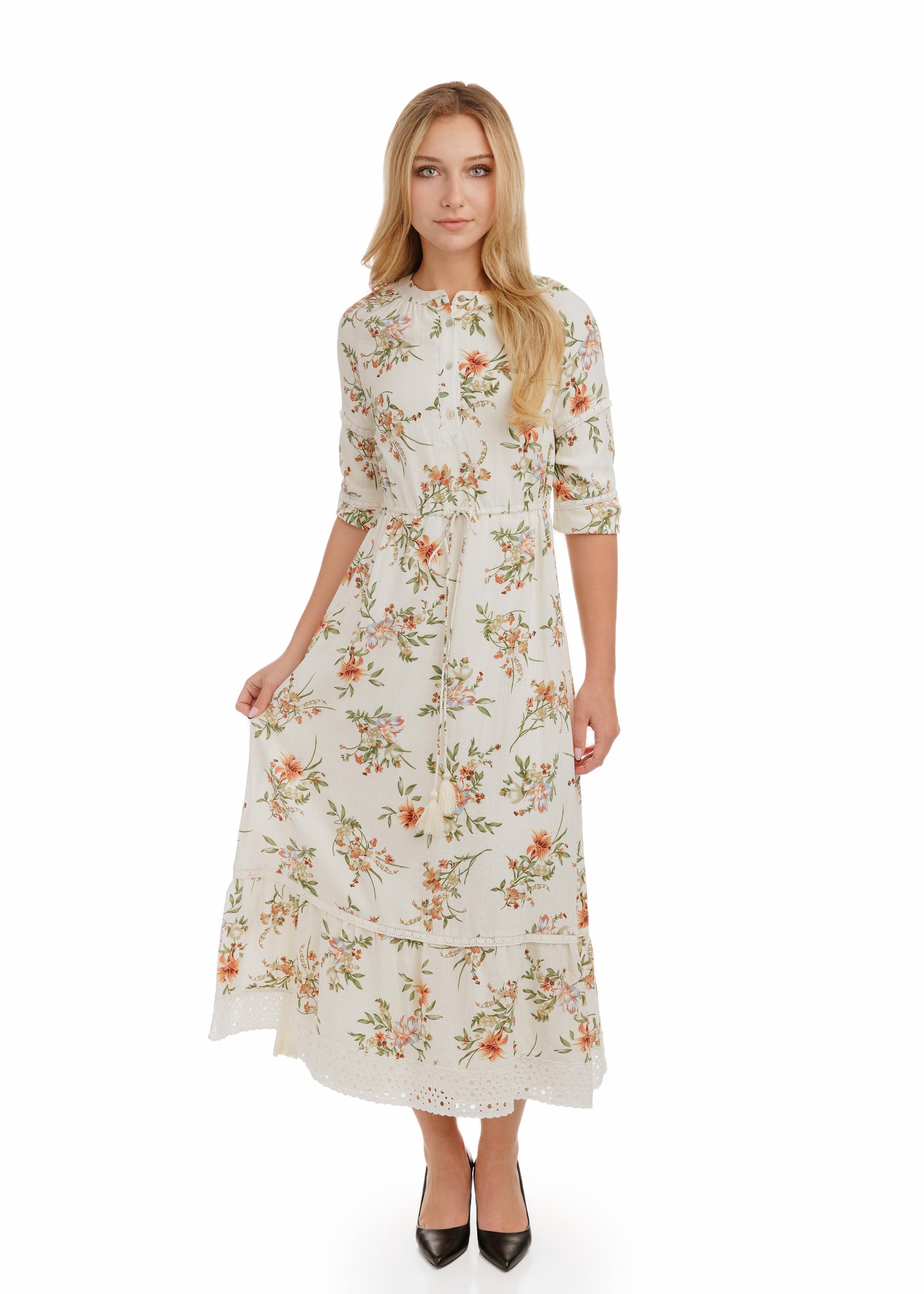 White Printed Dress With Lace Hem