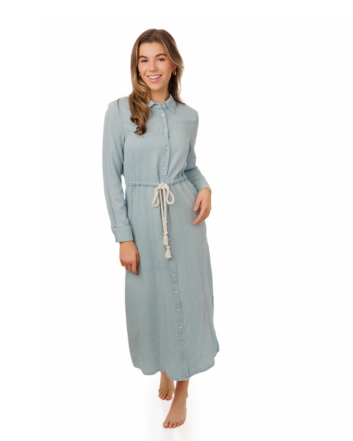 Light Blue Denim Shirt Dress With White Drawstring