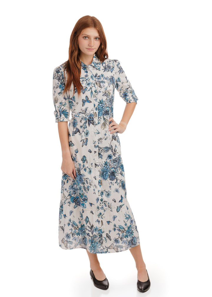 Blue Butterfly Printed Shirt Cotton Layer Dress