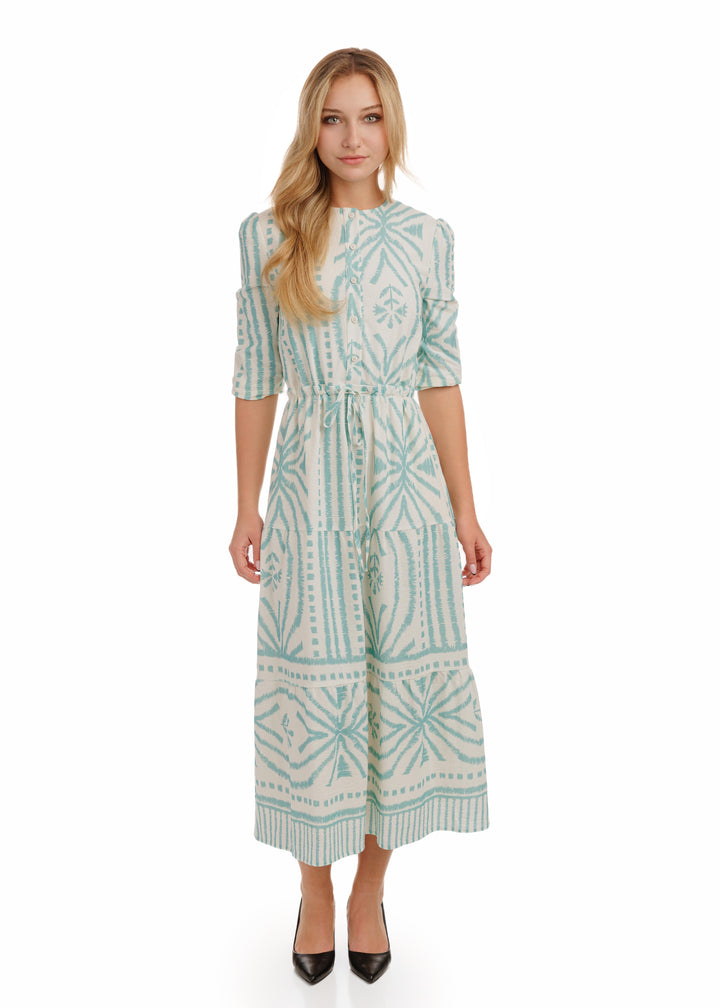 White Base Light Blue Printed Linen Layer Dress