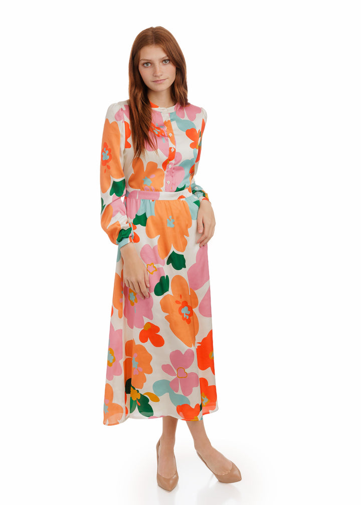 Big Flower Printed Satin Dress