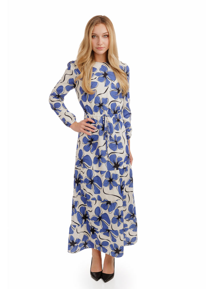 White Base Royal Blue Printed Layer Dress With Drawstring