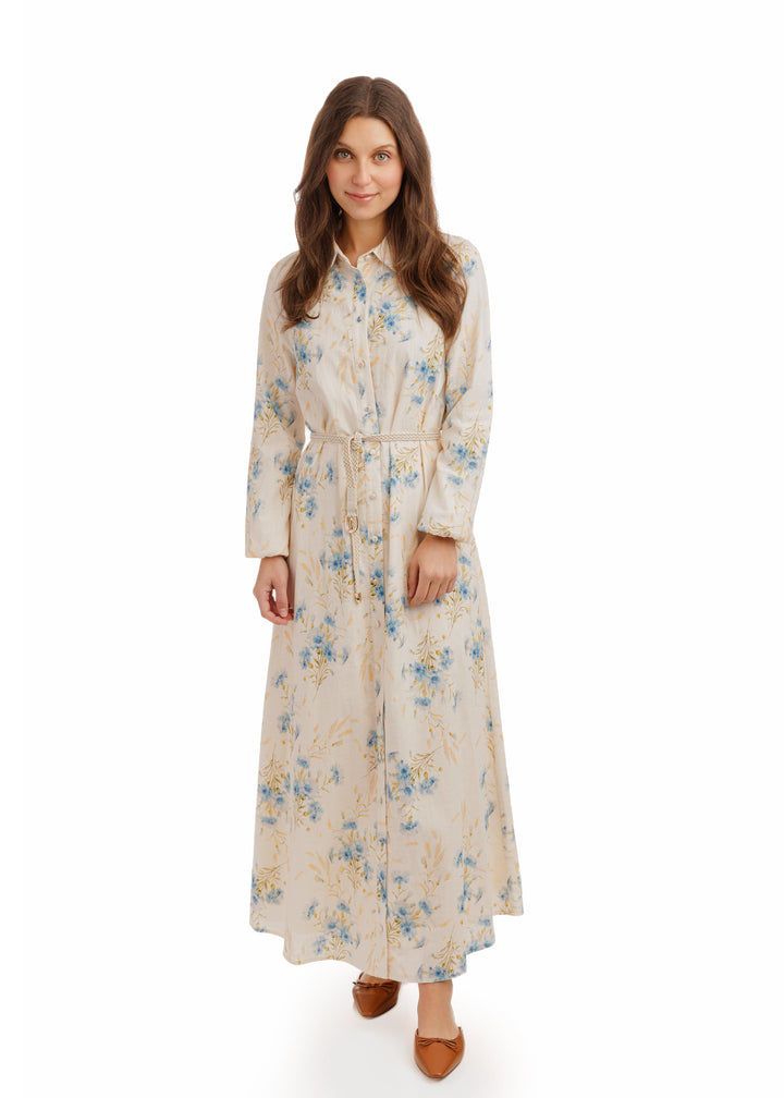 Blue Flower Printed Linen Shirt Dress