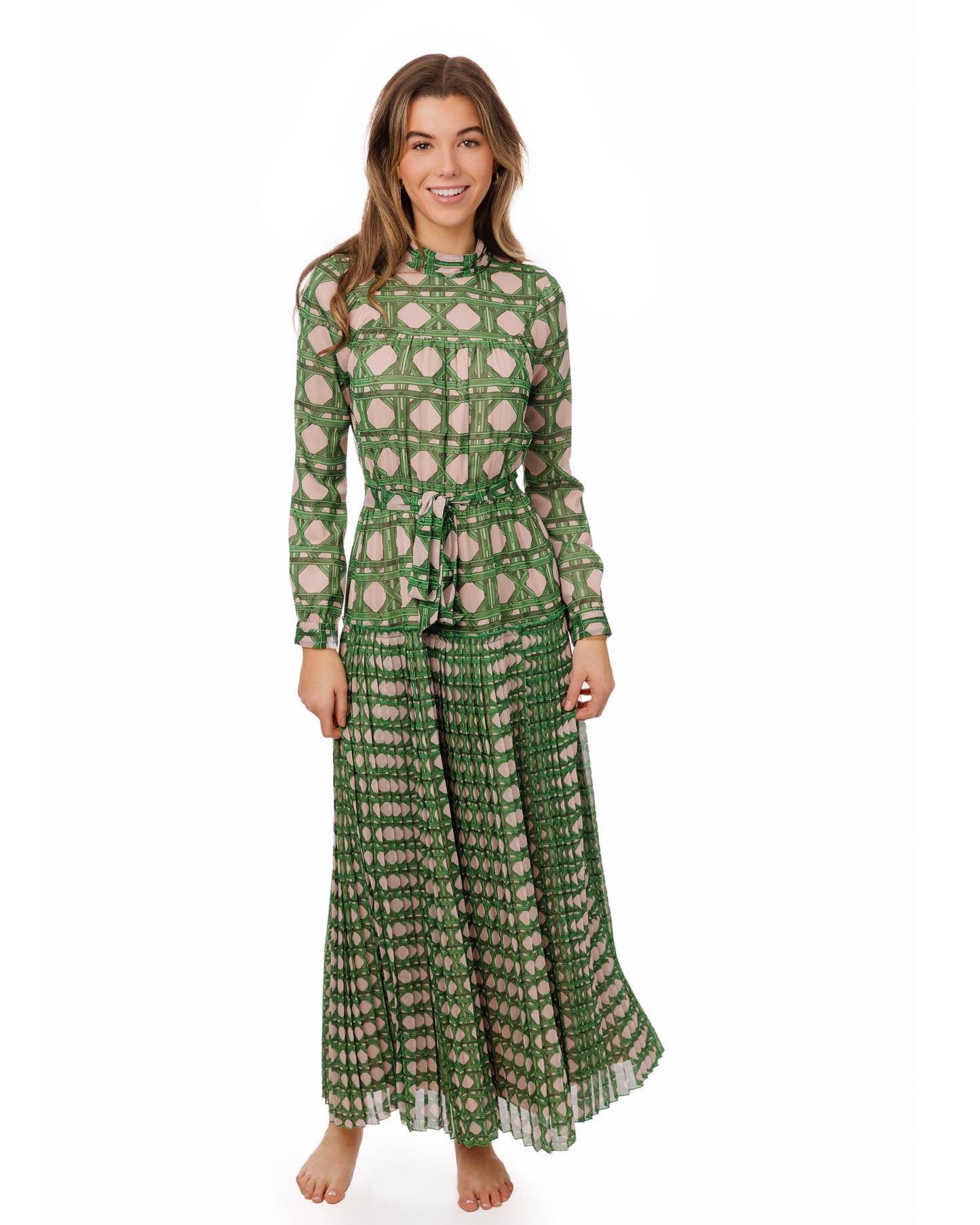 Pink/Green Geometry Printed Pleated Bottom Dress