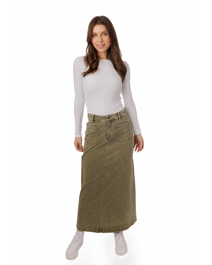 Olive Wash Denim Short Placket Skirt