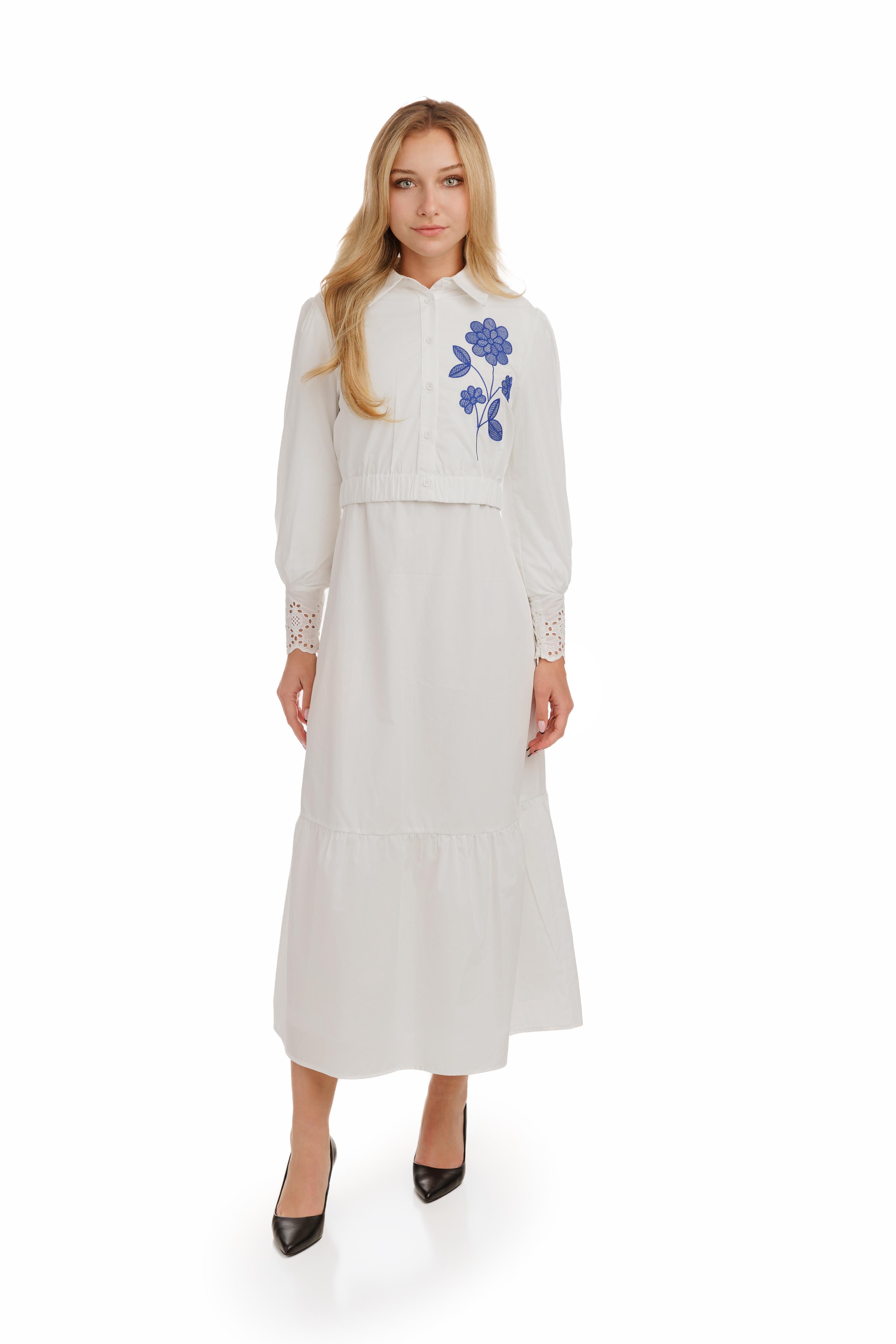 White Base Blue Flower Embroidery Top & Solid White Cotton Layer Dress