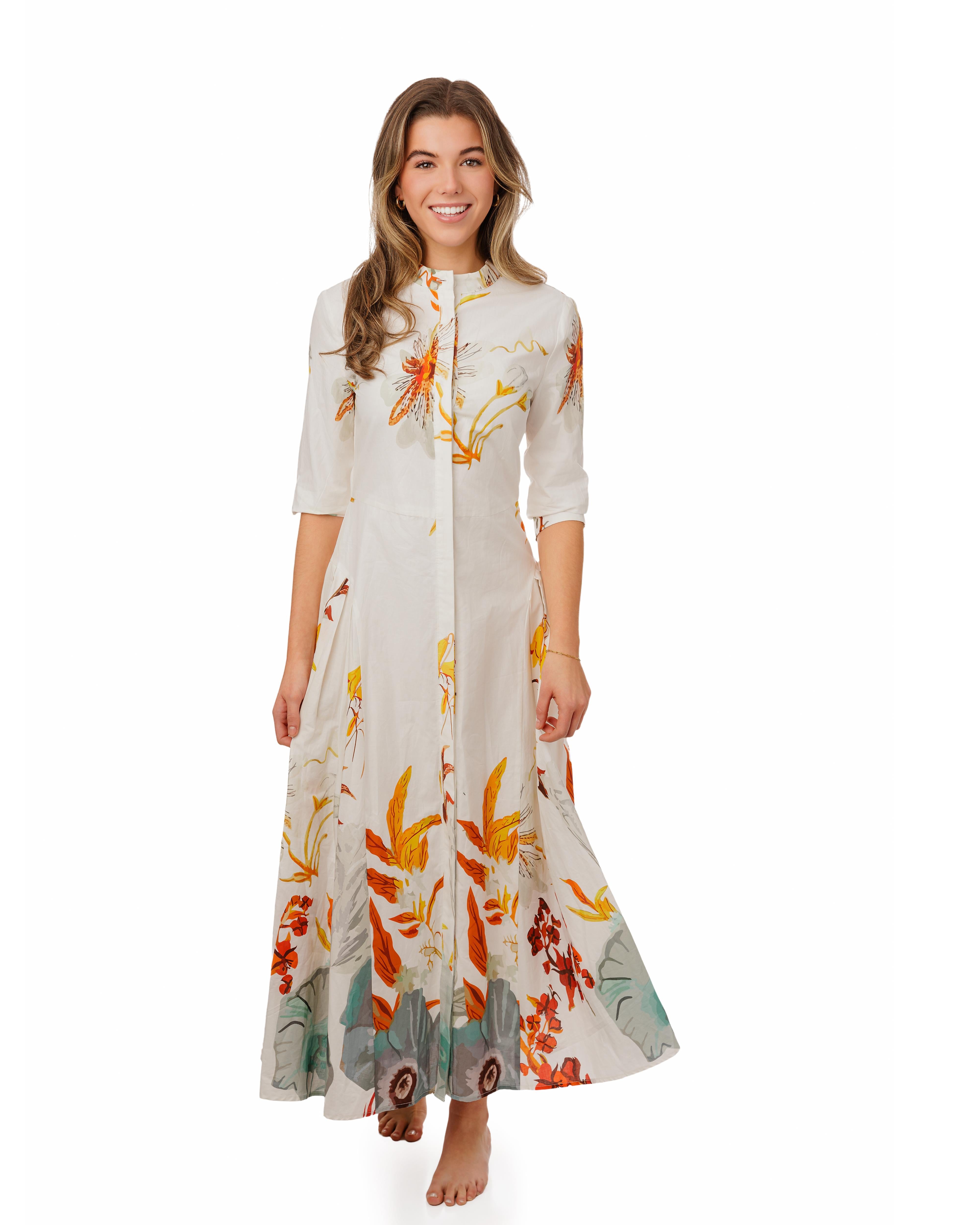 White Base Multiflowered Printed Dress