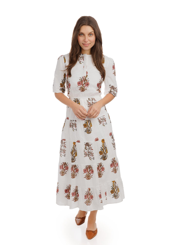 White Base Plant Printed Cotton Layer Dress