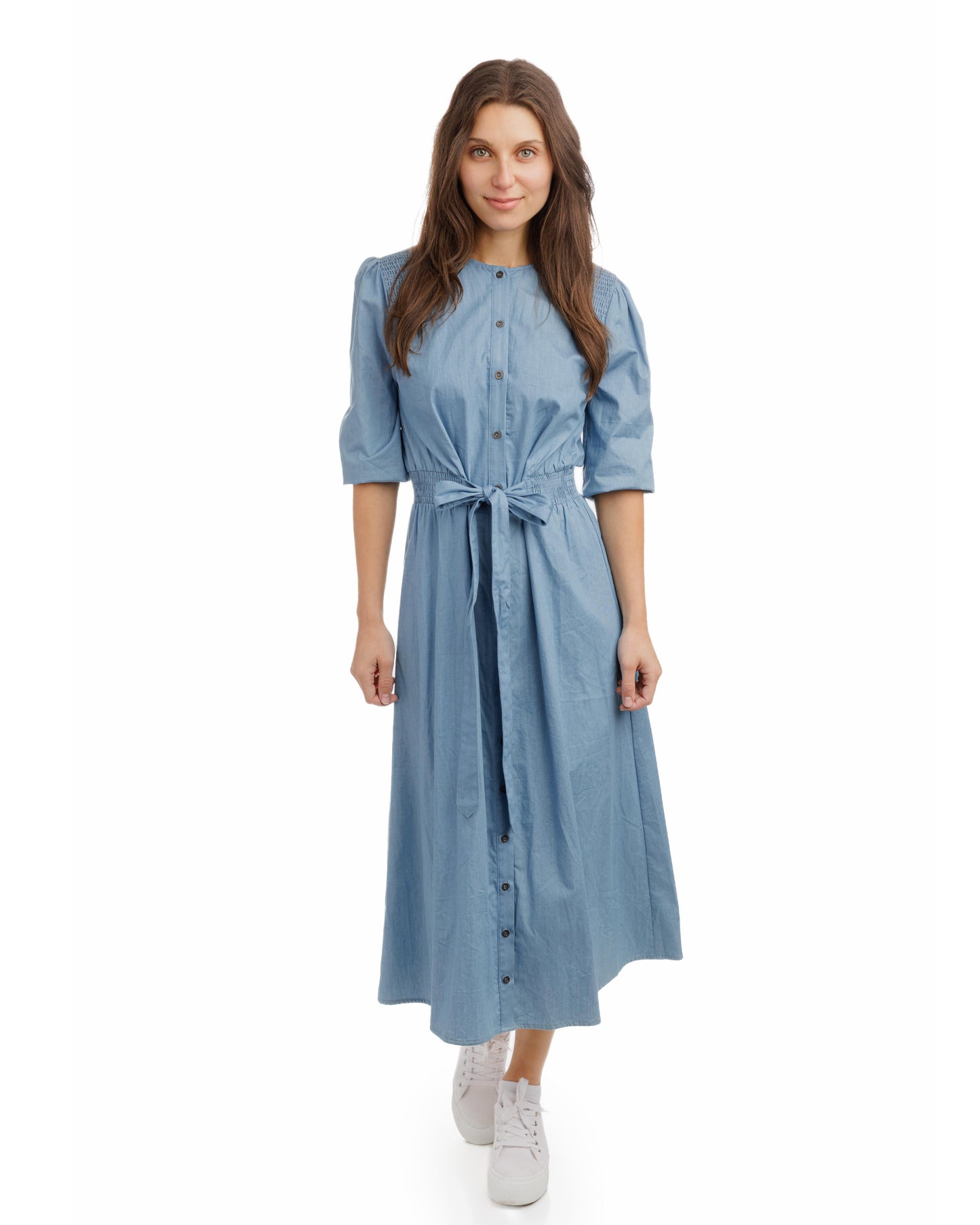 Blue Smocking Shoulder Dress