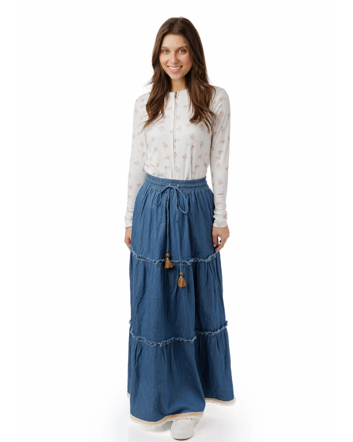 Blue Denim Layer Skirt With Tassels