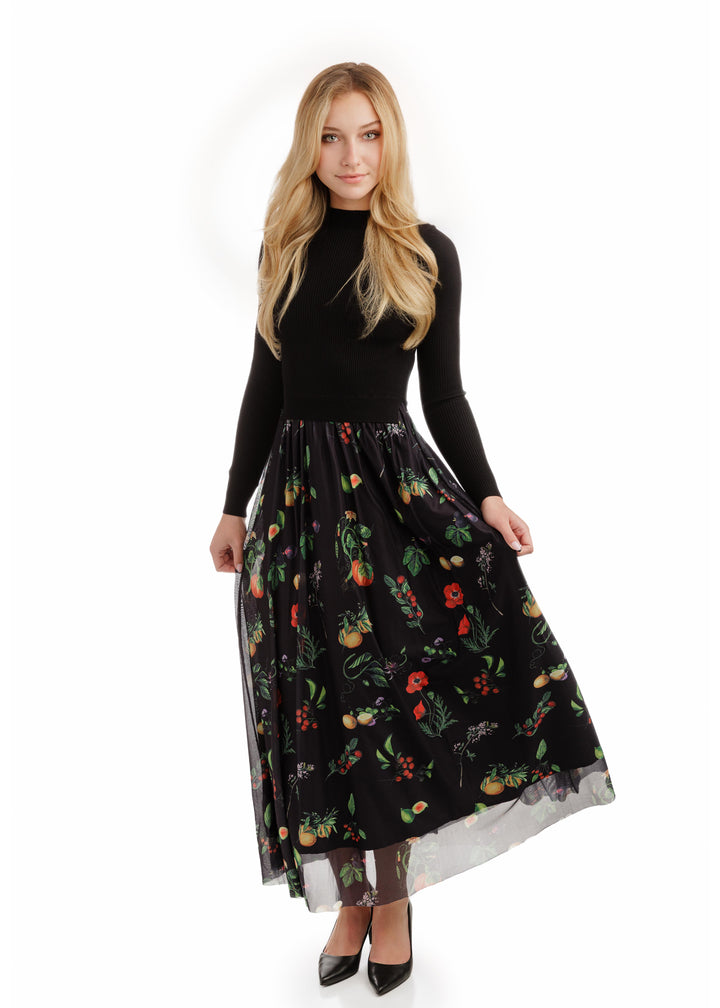 Black Knit Top With Fruit Printed Mesh Bottom Dress