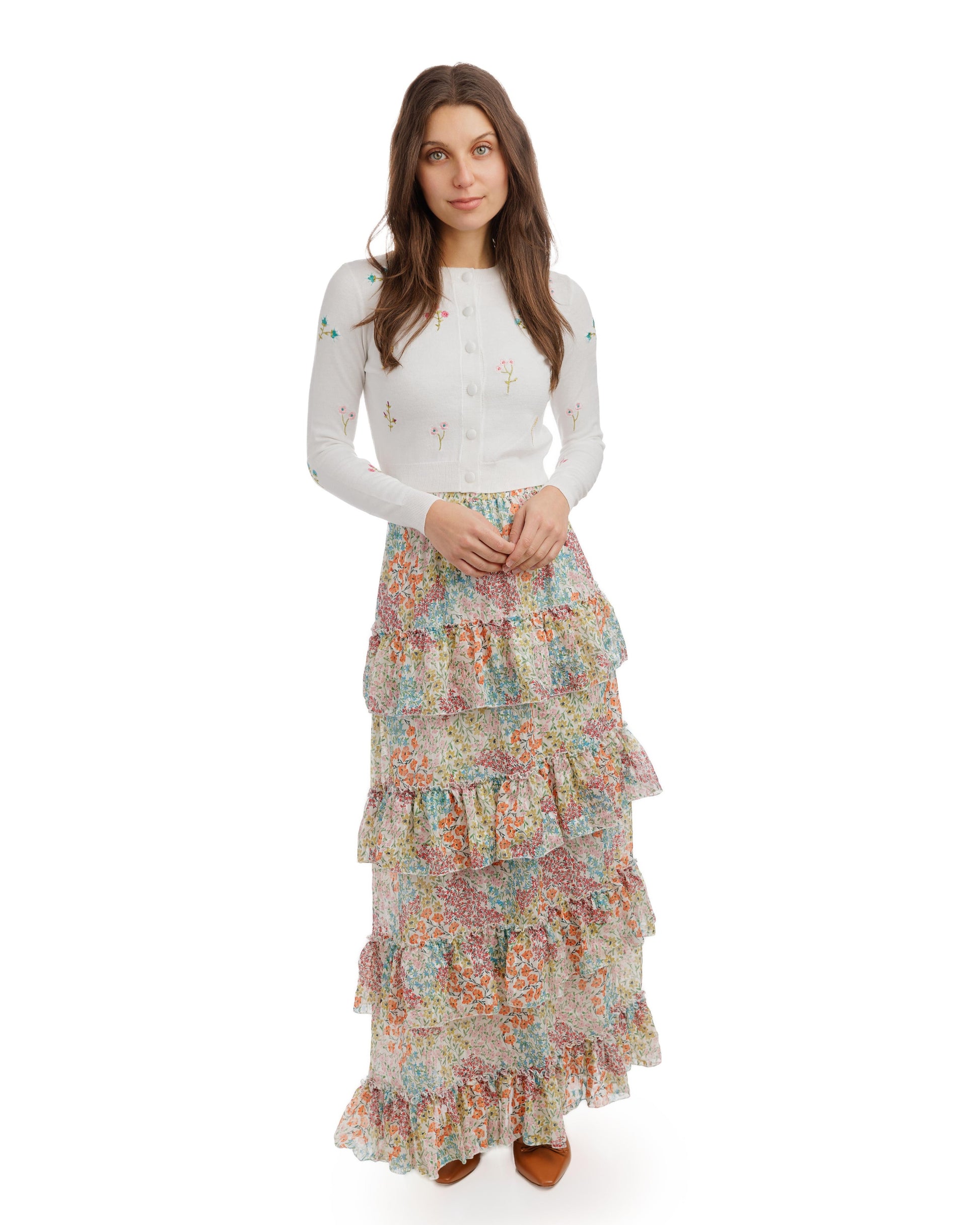 Floral Printed Layered Skirt With Ruffles