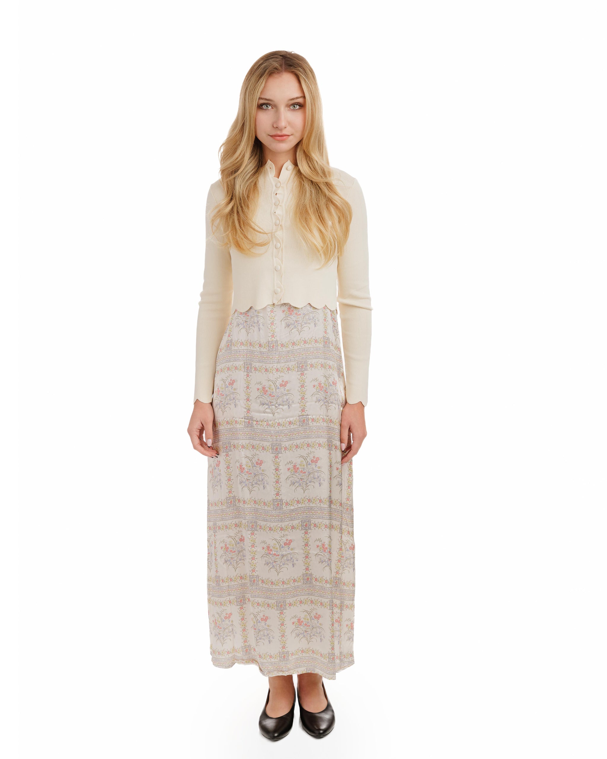 Beige Printed Slip Dress With Beige Knit Cardigan