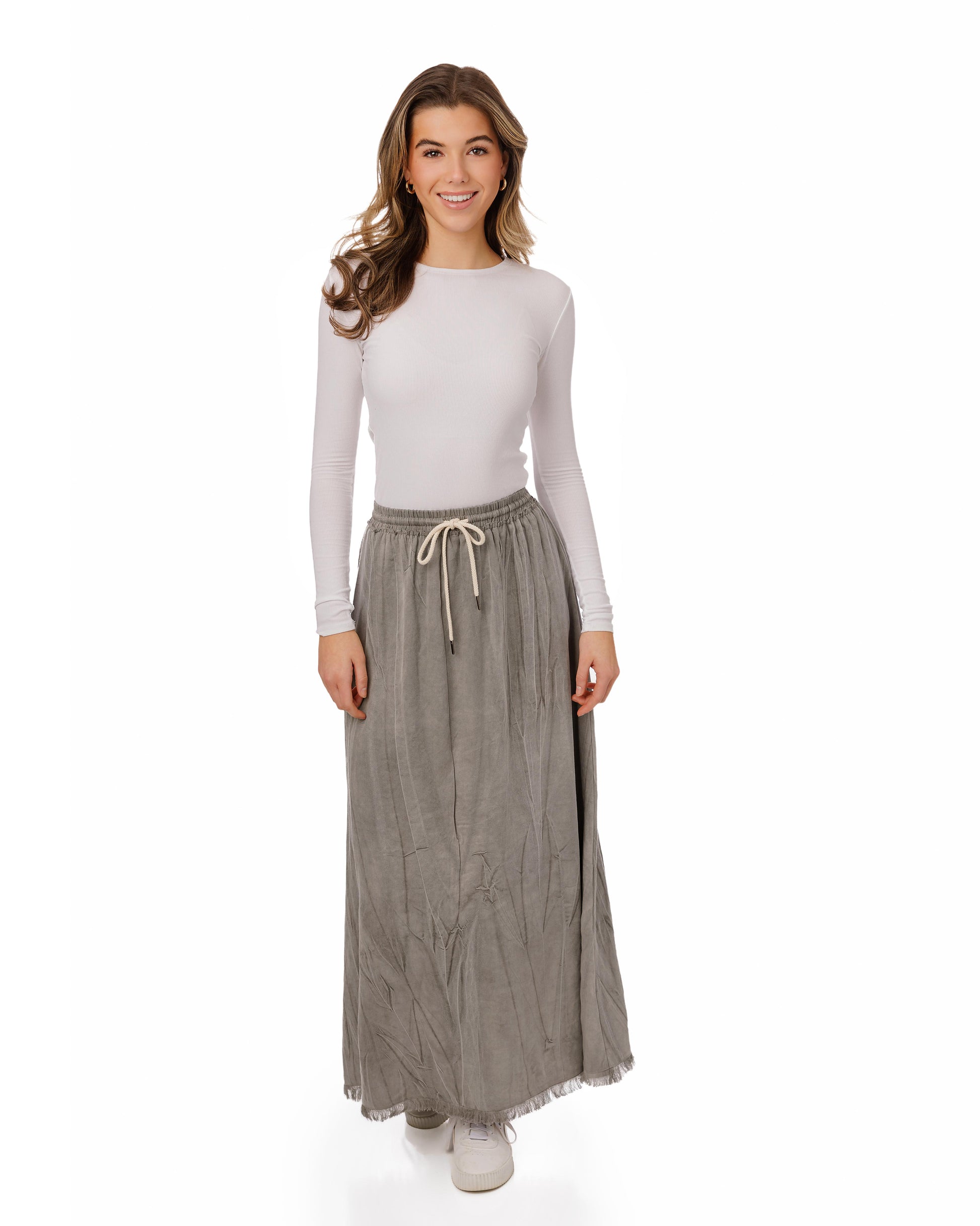 Drawstring Grey Denim Frayed Edge Skirt