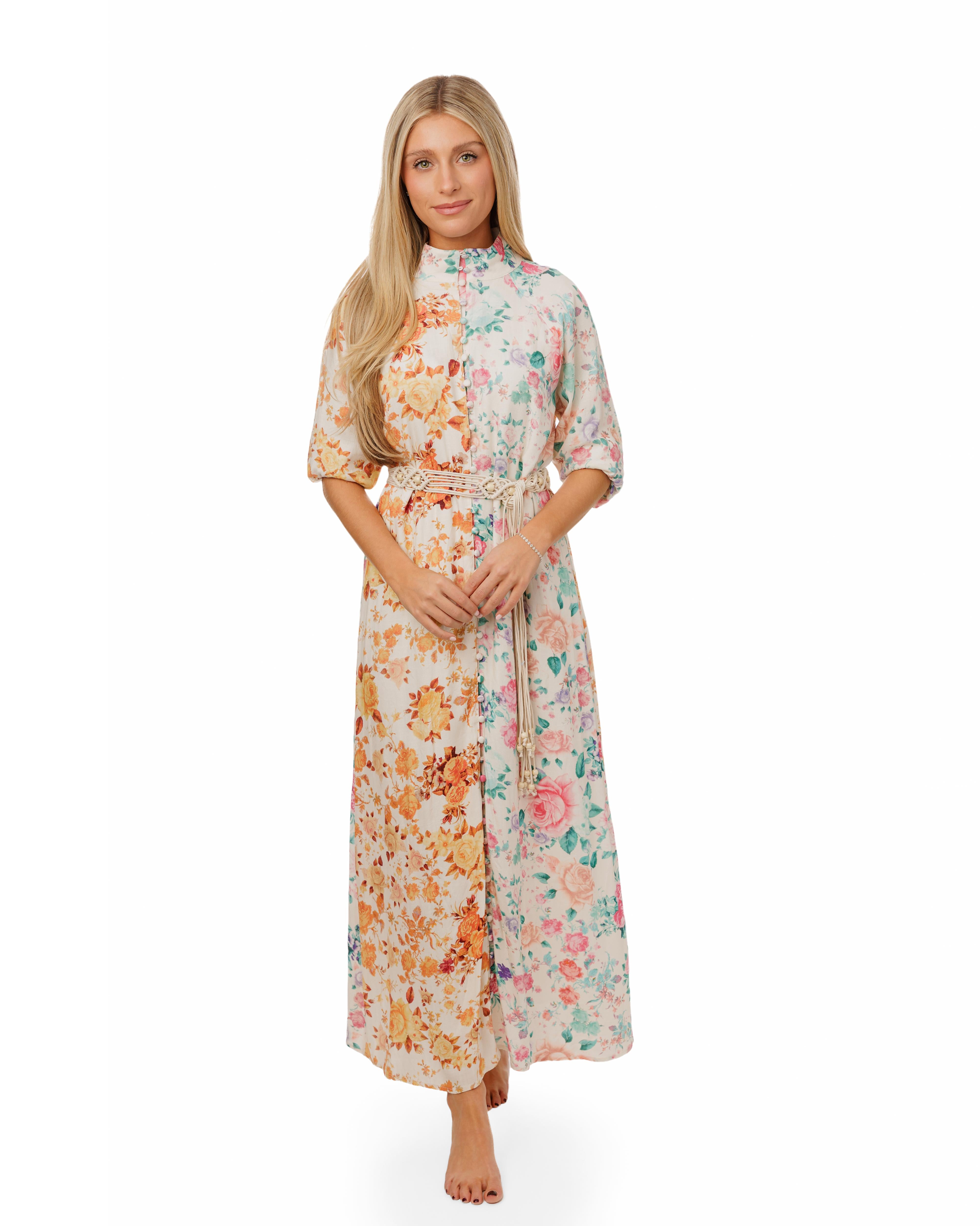 Beige Linen Dress With Mutli Colored Floral Print