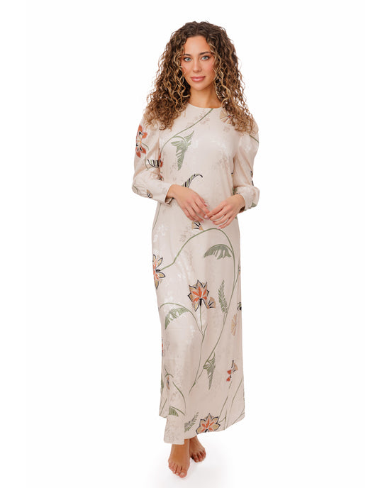 Beige Base Plant Printed Jacquard Dress