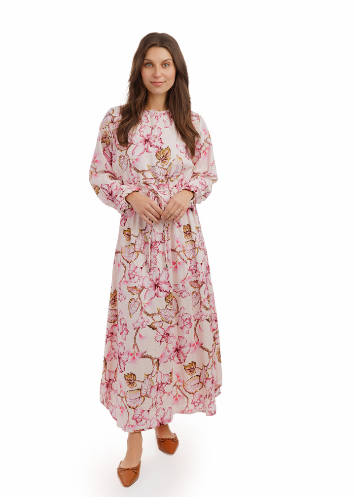 Pink Flower Printed Drawstring Linen Dress