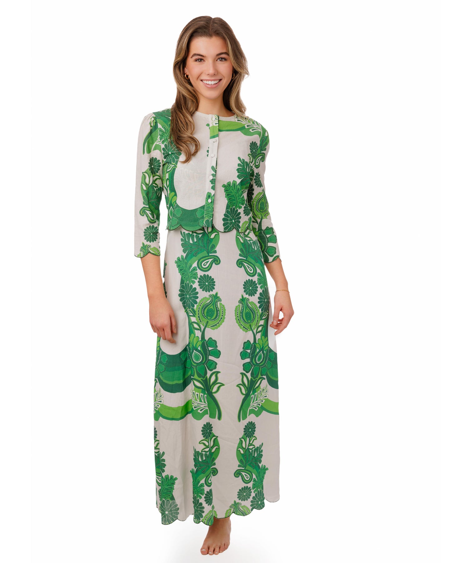 Green Printed Linen Overlay Dress