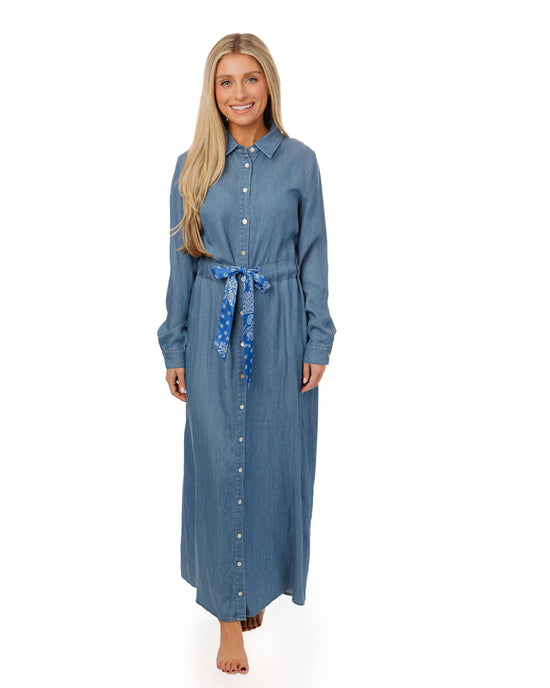 Blue Denim Shirt Dress With Royal Blue Paisley Printed Belt