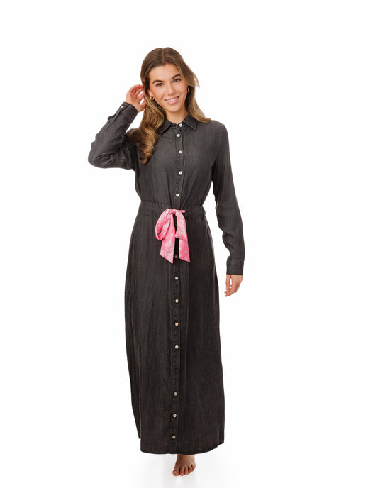 Black Denim Shirt Dress With Hot Pink Paisley Printed Belt