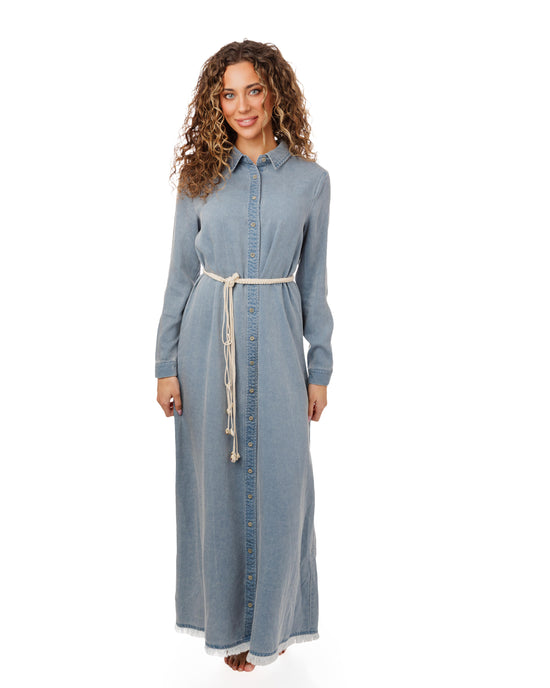 Blue Wash Denim Shirt Dress With Conch Weave Belt