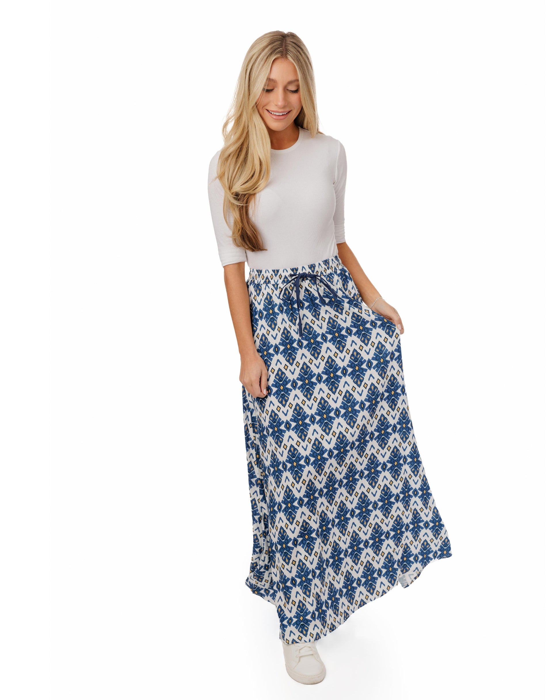 Blue And Brown Printed Drawstring Skirt