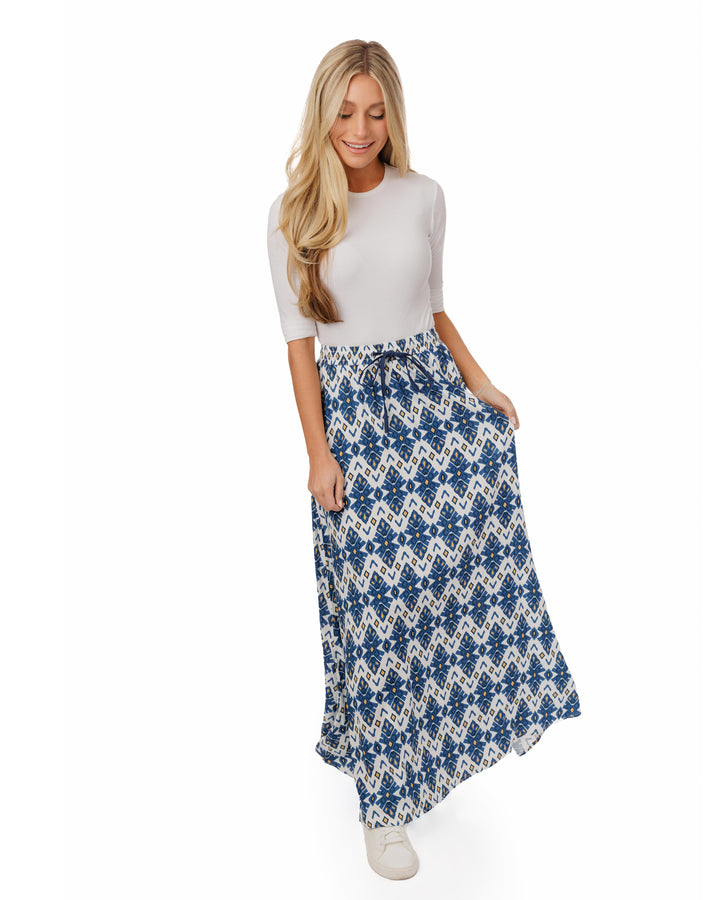 Blue And Brown Printed Drawstring Skirt