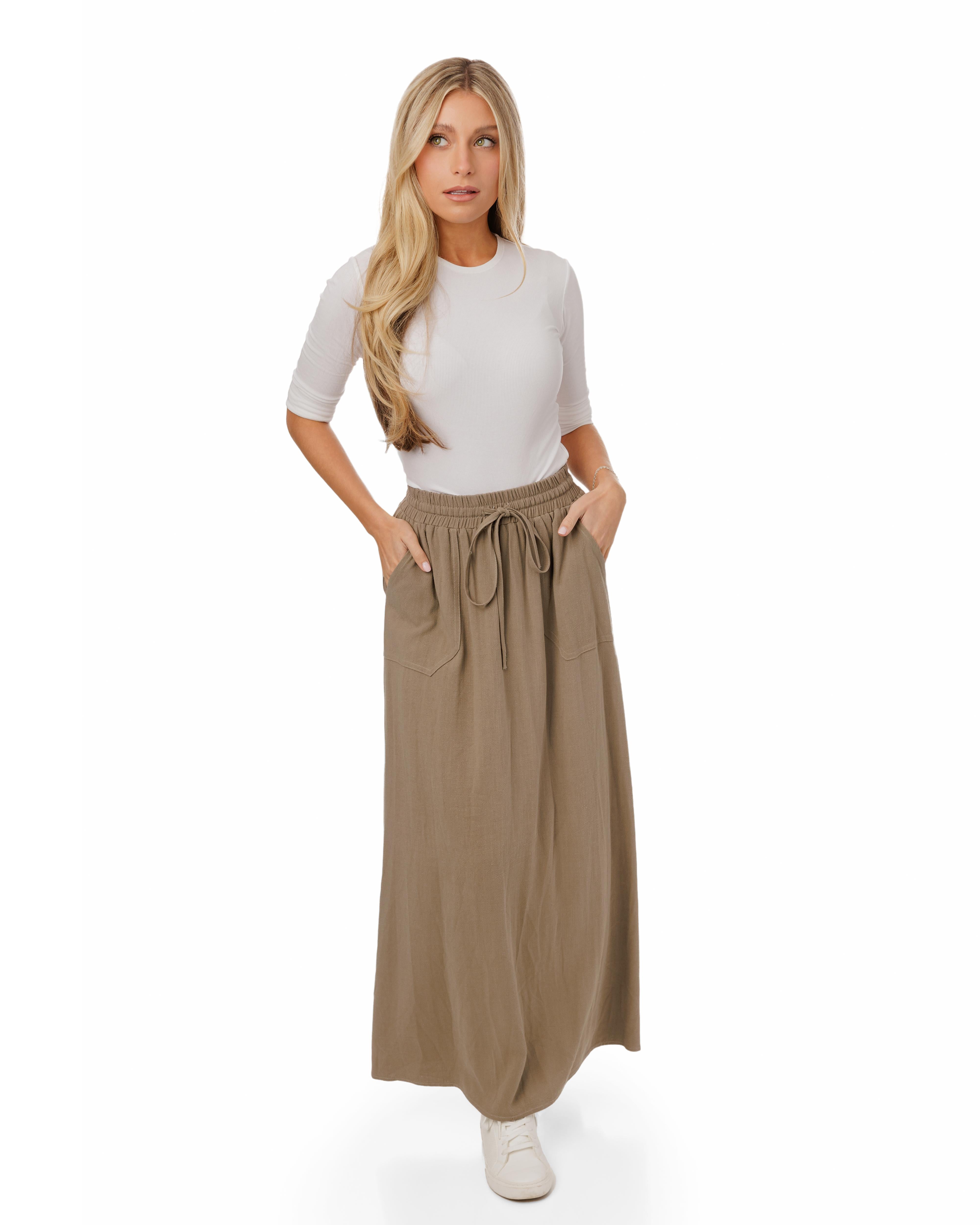 Olive Drawstring Midi Skirt