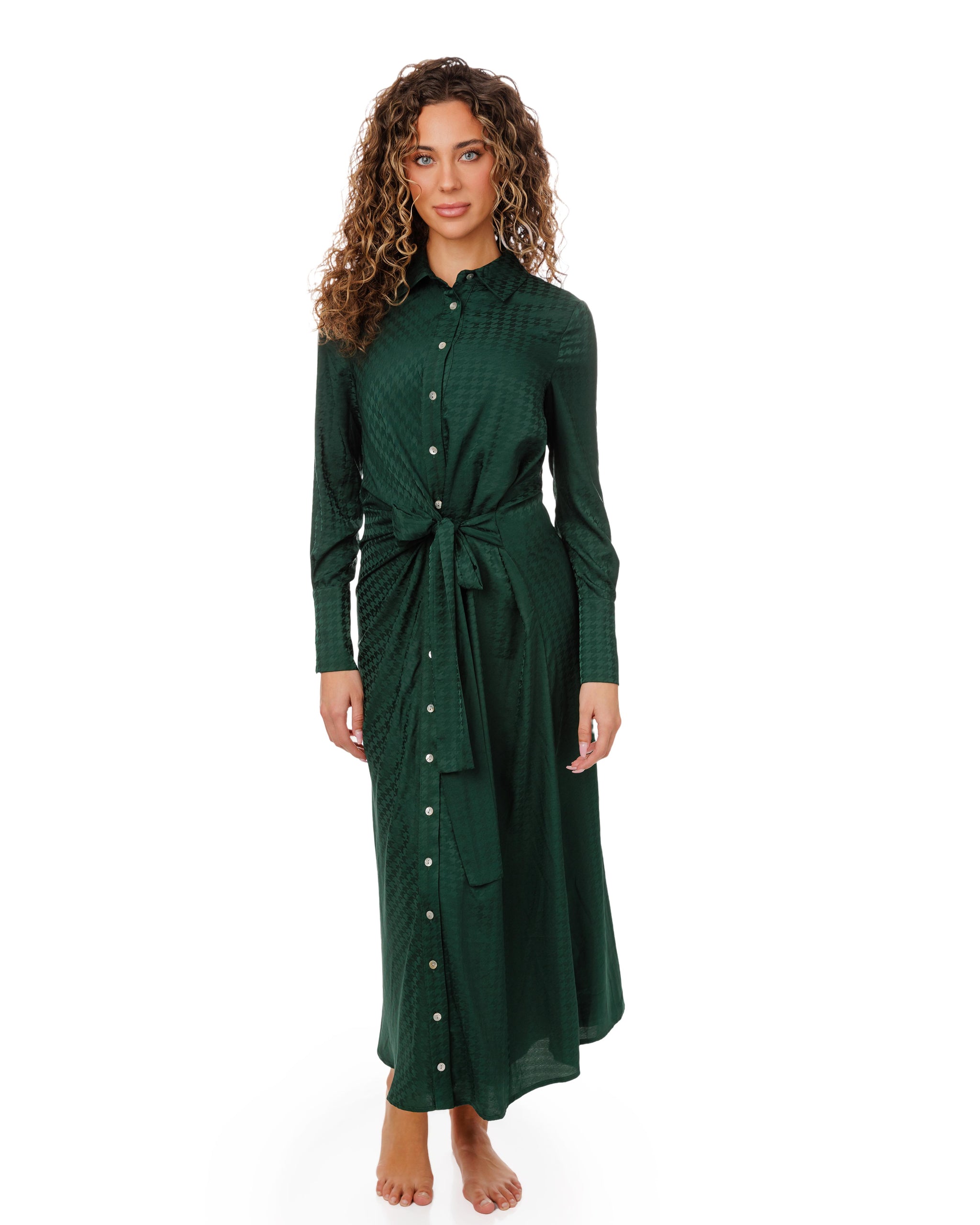 Pine Green Houndstooth Printed Shirt Dress With Front Knotted