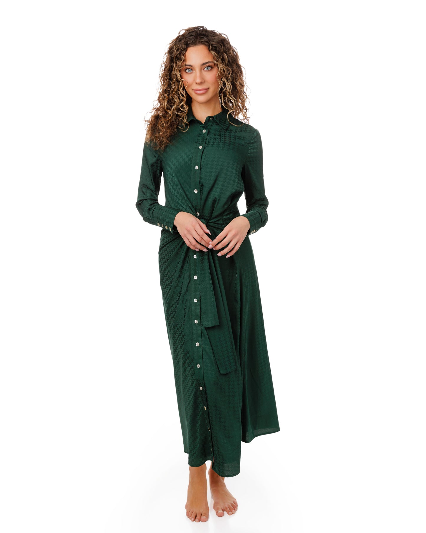 Pine Green Houndstooth Printed Shirt Dress With Front Knotted