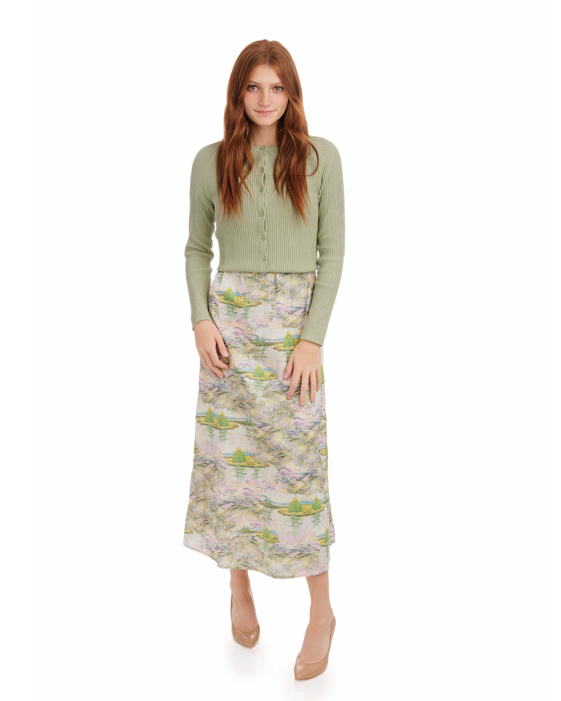 Sage Green Cardigan & Multicolor Printed Dress