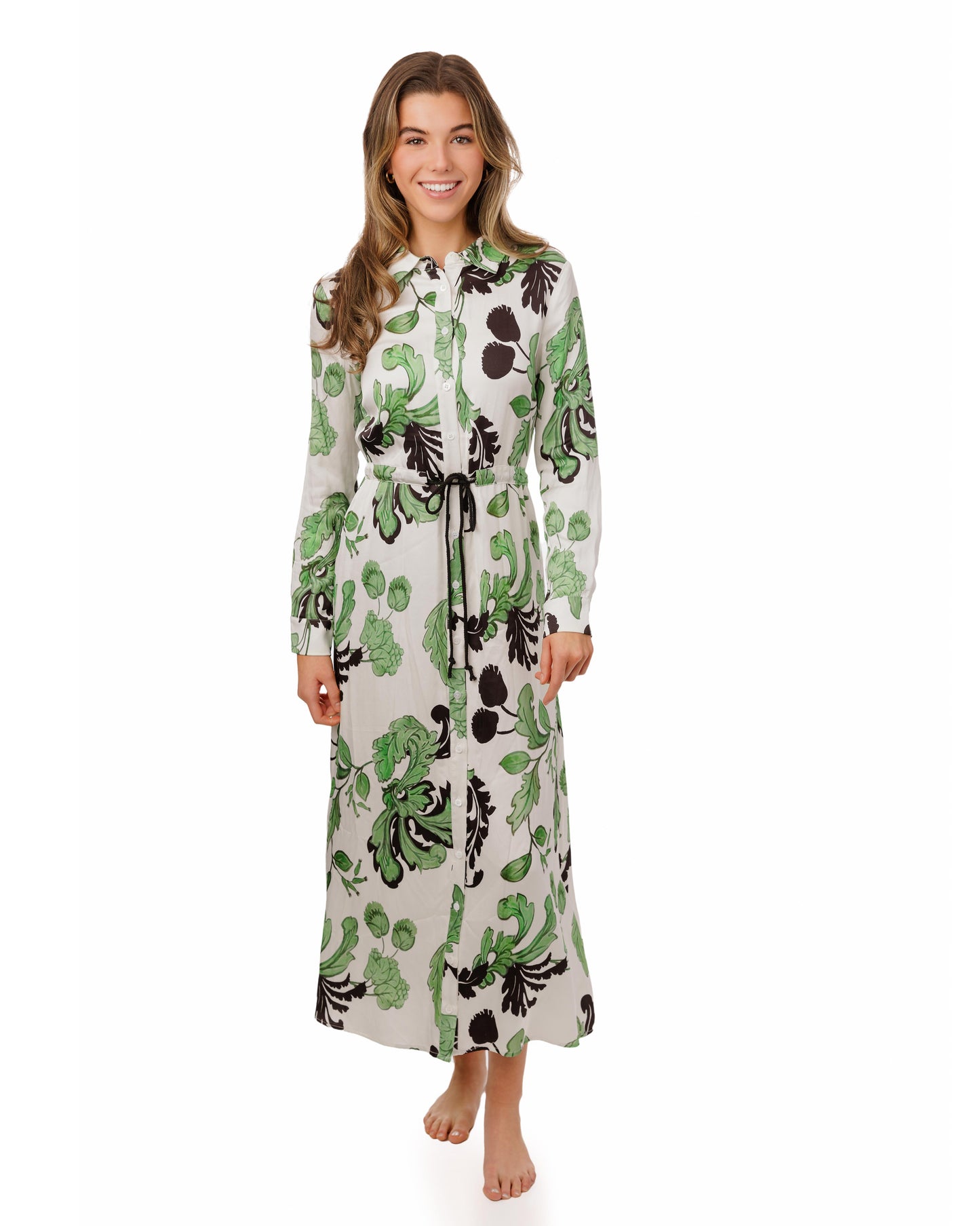 White And Green Printed Dress With Black Belt