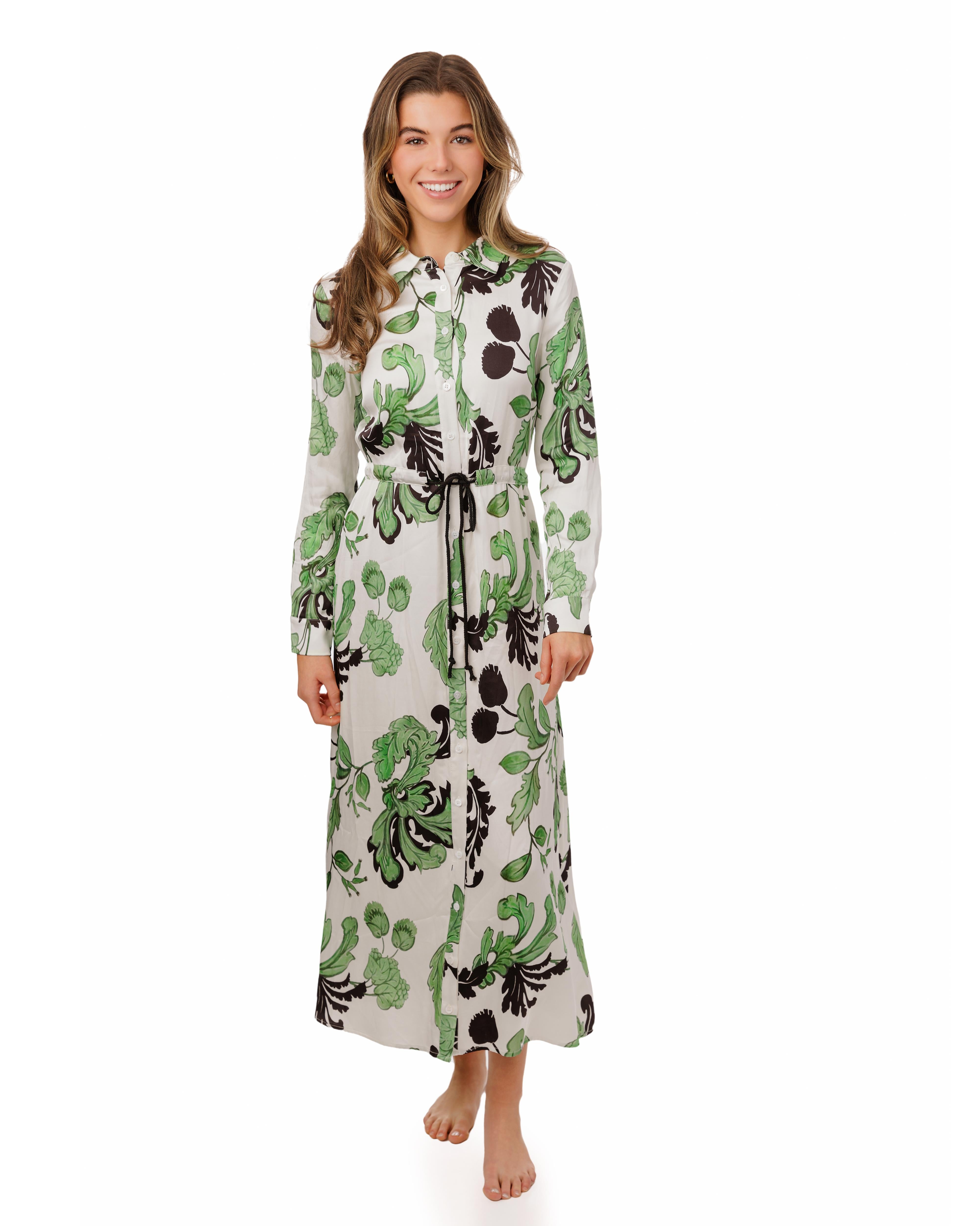 White And Green Printed Dress With Black Belt