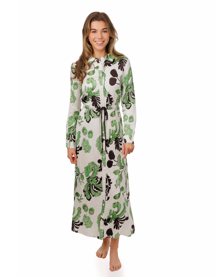 White And Green Printed Dress With Black Belt