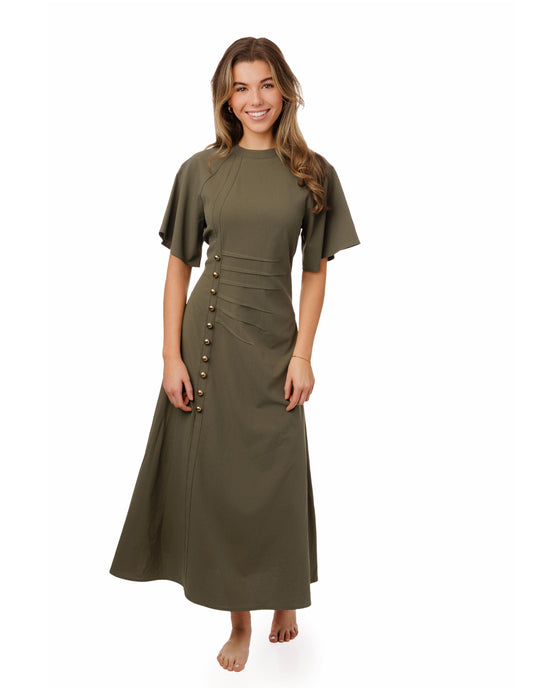 Solid Olive Horizontal Pleated Waisted Dress