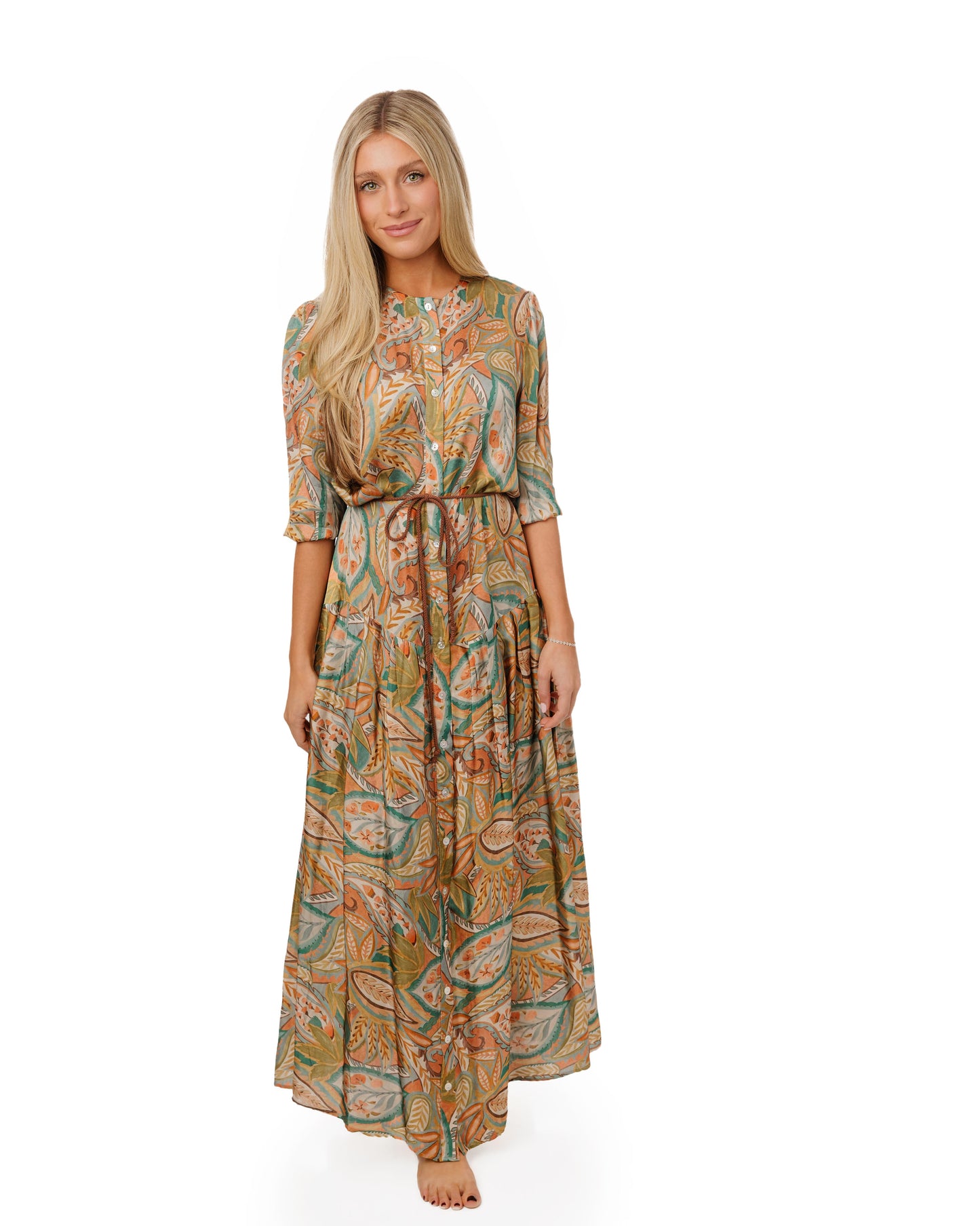 Brown Green Paisley Printed Dress