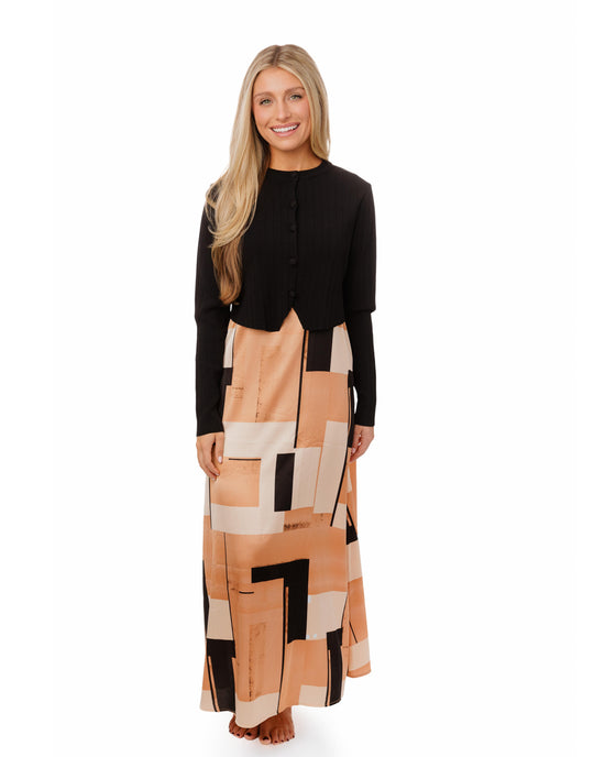 Beige And Black Printed Dress With Black Knit Overlay