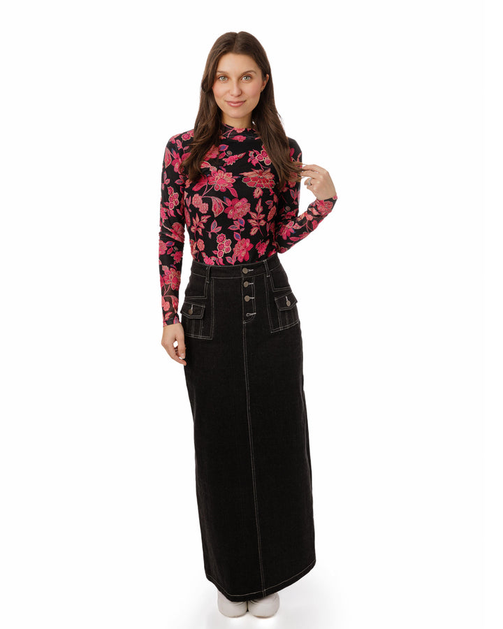 Black Base Pink Flower Printed Mesh Top