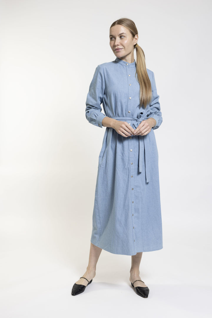 Blue Long Dress With Belt And Snap Button