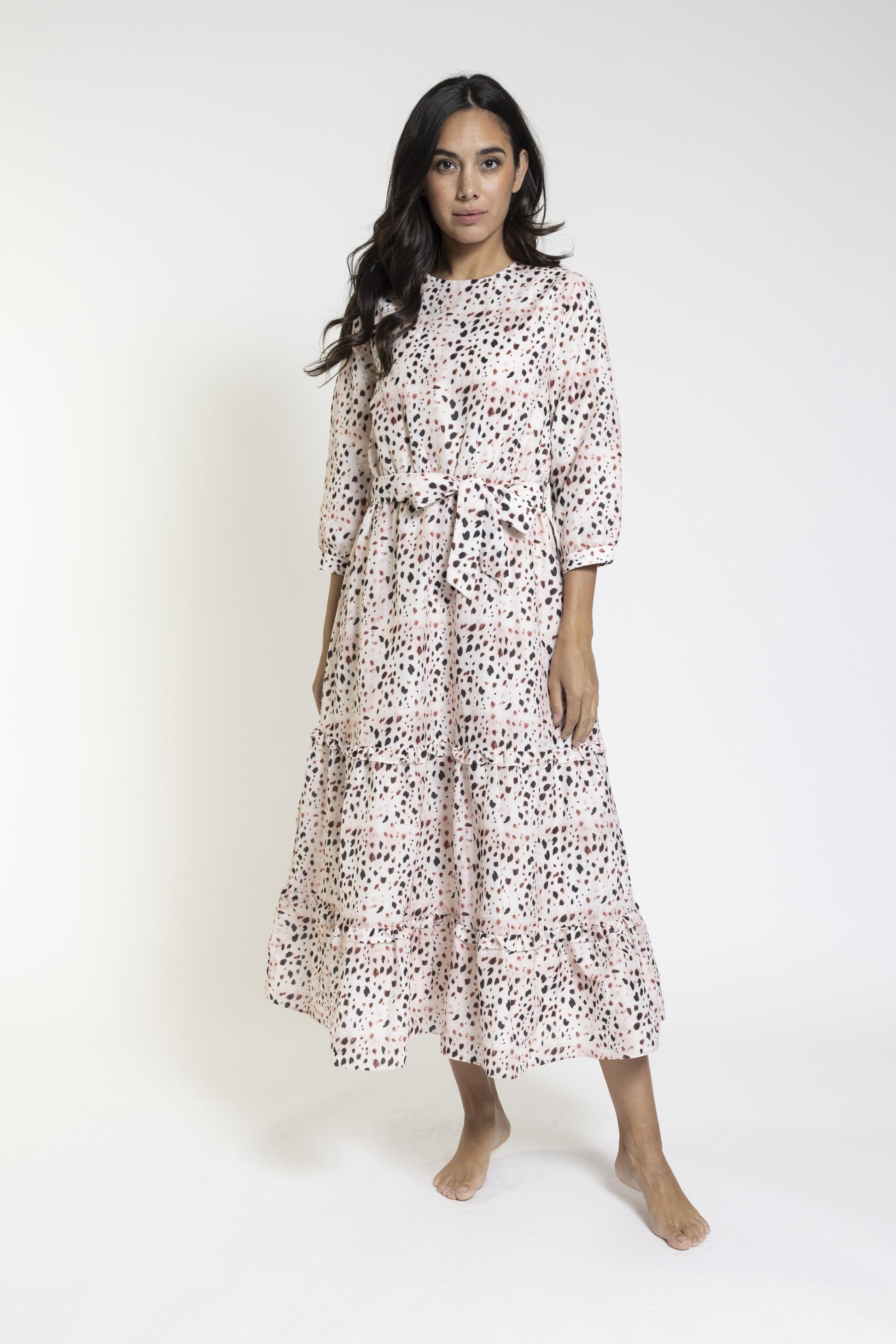 Ruffle Pink Printing Dress With Belt