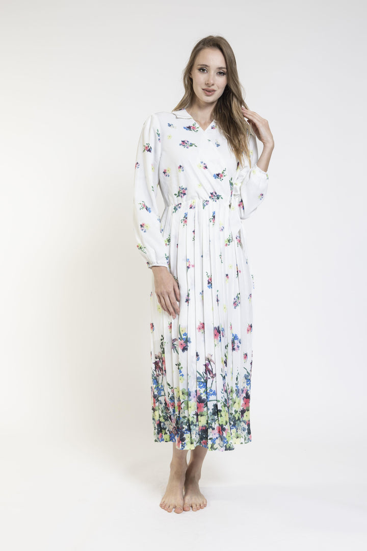 Printing Pleated Wrap Dress With Waist Knot